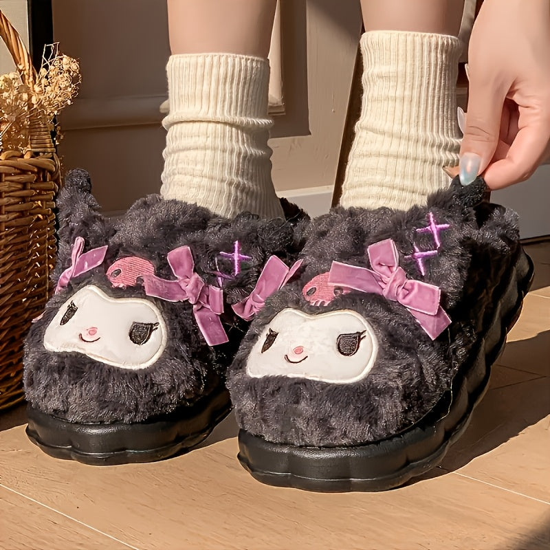 1 Pair Sanrio Hello Kitty Kuromi Women's Plush Slippers - Cute Character Design with Bows, Soft Fabric Upper & Lining, Non-Slip PVC Sole, Warm Winter Indoor House Shoes for Women, Playful Design, Comfortable Footwear SS69