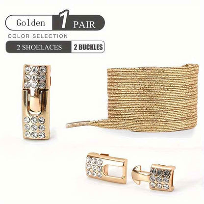 1pair Free-Tie Shoelaces With Rhinestone Buckles, Fashion Elastic Lazy Shoelaces For Sneakers Canvas Shoes Skate Shoes, Women & Men