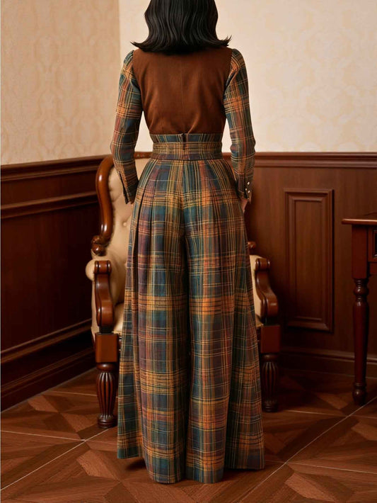 Women's Brown Plaid Patchwork Button-Front Jumpsuit - High-Waisted Wide-Leg Elegant Bohemian Romper for Vintage Parties, Art Exhibits & Fall/Winter Events | Hand Washable Non- Outfit