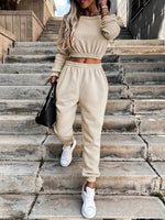 Women's New Round Neck Elastic Waist Top And Trousers Two-piece Set SS69
