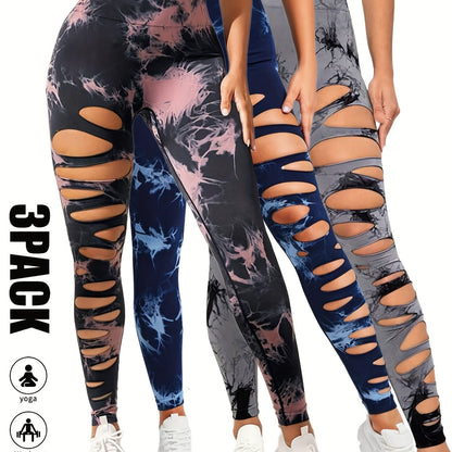 3 Pack High Waist Tie Dye Cutout Yoga Leggings - Scrunch Butt Lifting, Tummy Control, Elastic Workout Pants for Women SS69 42.69 3 Pack-GRY-BPN-BLU / M