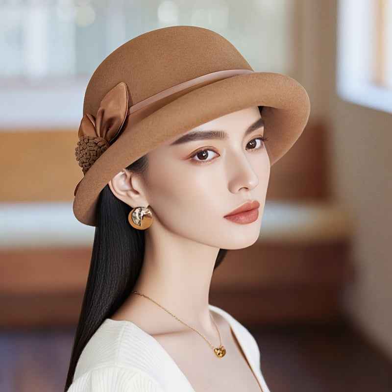 Women'S Elegant English Style Felt Hat - Lightweight Thermal Wide Brimmed Winter Bucket Hat with Brown Neckline, Soft Non-Elastic Design & Ear Flaps, All-Season Snug Fit for Weddings, Parties, New Year'S Events - Machine Wash