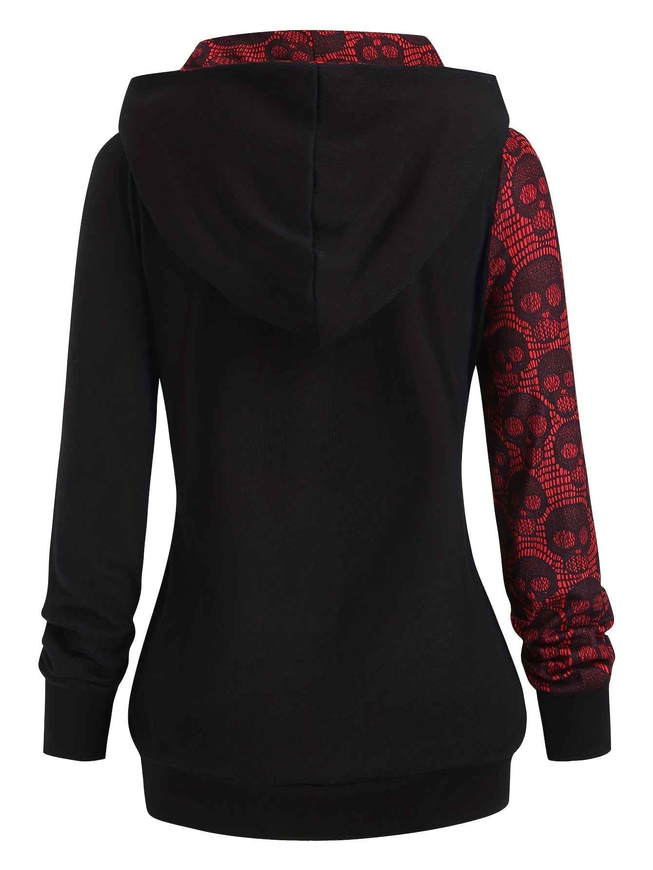 Women's Gothic Retro Skull & Lace-like Hooded Sweater - Black & White Color-Block Long Sleeve with Metal Grommet Eyelets, Slim-Fit Winter Warm Pullover, Machine Washable for Casual & Costume Outfits