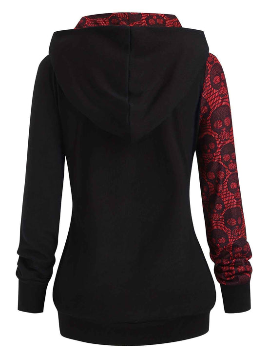 Women's Gothic Retro Skull & Lace-like Hooded Sweater - Black & White Color-Block Long Sleeve with Metal Grommet Eyelets, Slim-Fit Winter Warm Pullover, Machine Washable for Casual & Costume Outfits