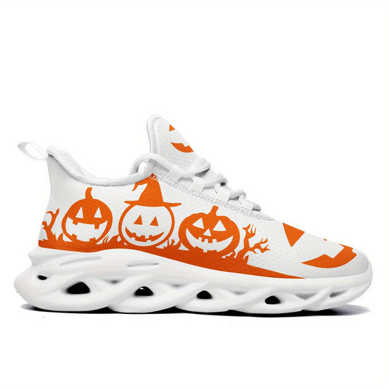 Women's Halloween Sneakers - Orange Pumpkin Jack-o'-Lanterns, Lace-Up Trick Treat Shoes, Plus Size Available - All-Season Casual Shoes for Halloween Parties, Casual Attire & Costume Outfits - Lightweight EVA Sole for Fall Fes SS69