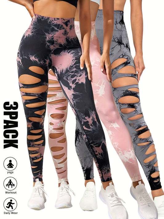 3 Pack High Waist Tie Dye Cutout Yoga Leggings - Scrunch Butt Lifting, Tummy Control, Elastic Workout Pants for Women SS69