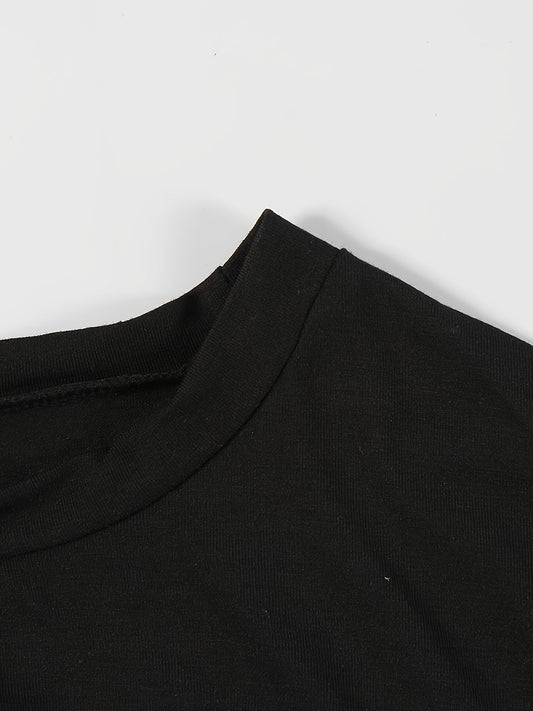 Women'S "98" Graphic Crop Top with Short Sleeves - Black, Casual Two-Piece Set with High-Waisted Jeans, Polyester Blend, Casual Attire|Graphic Crop Top|Knit Construction SS69