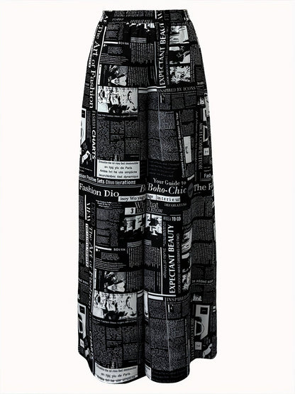Newspaper Print Wide Leg Pockets Pants, Casual & Versatile High Waist Pants For Spring & Summer, Women's Clothing SS69