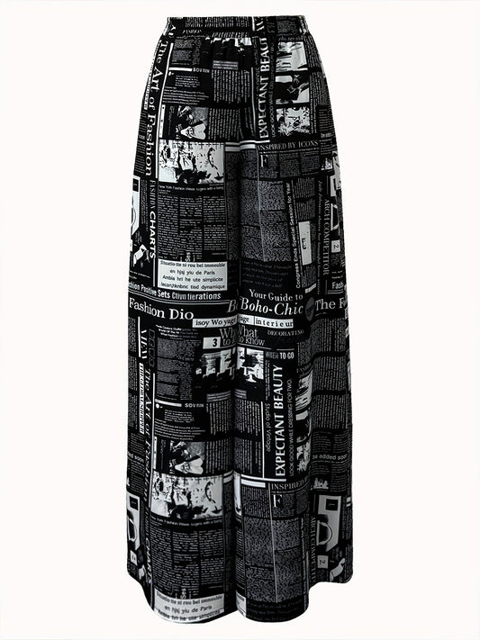 Newspaper Print Wide Leg Pockets Pants, Casual & Versatile High Waist Pants For Spring & Summer, Women's Clothing SS69