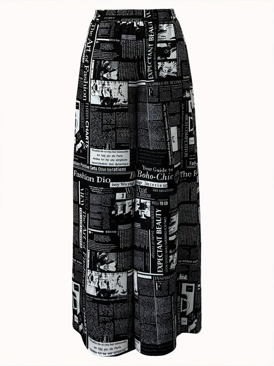 Newspaper Print Wide Leg Pockets Pants, Casual & Versatile High Waist Pants For Spring & Summer, Women's Clothing SS69
