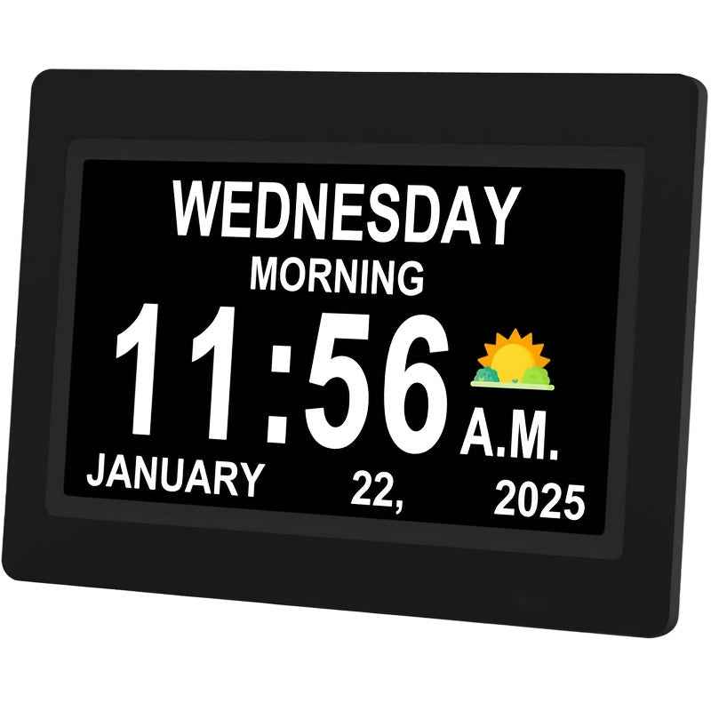 Large Digital Clock Designed for Seniors with Dementia, Featuring a Calendar Display, Alarms, And Functions As a Wall Clock Showing Day And Date. It Also Serves As an Alarm Clock, Desk Clock, Electronic Photo Frame, And Suppo