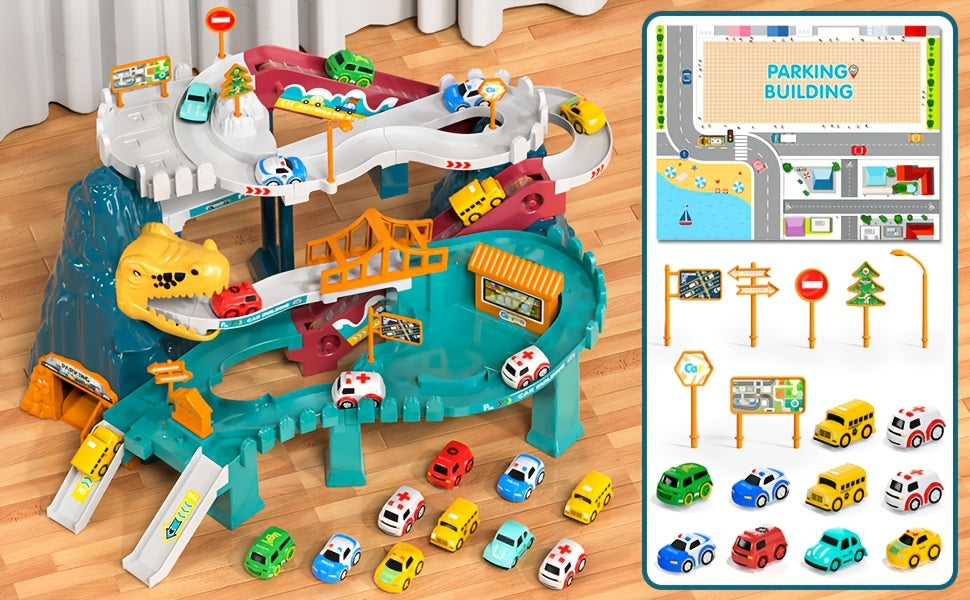 Dinosaur-Themed Racing Track Designed for Toddlers, Featuring a Toy Car Ramp And a Playset That Includes 10 Cars, Suitable for Children Aged 3 to 8 Years.