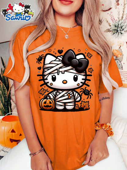 Sanrio Official Halloween Hello Kitty T-Shirt - Mummy Wrapped Graphic Tee with Orange Pumpkin, Casual Costume Party Outfit or Everyday Shirt for Women & Teens (S-XXL, Multi-Color Options) - Cute Sanrio Apparel, Halloween Clot SS69