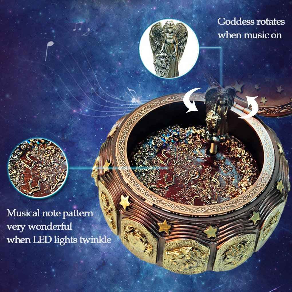 Retro Constellation Music Box with Sankyo 18-Note Wind Up, Rotating Goddess LED Lights Twinkling, Music Jewelry Box, Birthday Gift, Christmas Anniversary Gift