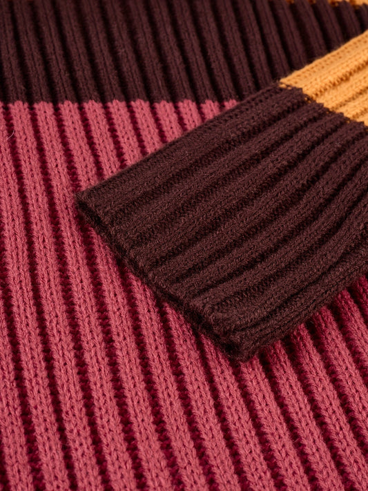 [Stylish Dress] Stylish Women's Color-Block Dress | High Neck Turtleneck Long Sleeve with Ribbed Texture, Striped Pattern in Brown Pink White Black, Flared Skirt & Pockets for Fall Winter Outfits, Sophisticated Craftsmanship, SS69