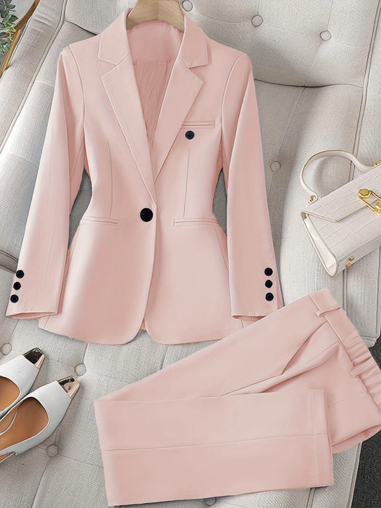 Women'S Casual Two-Piece Set, Fashionable Business Style, Solid Color, Long Sleeve, Polyester, with Lapel Collar, and Pants, for All Seasons SS69