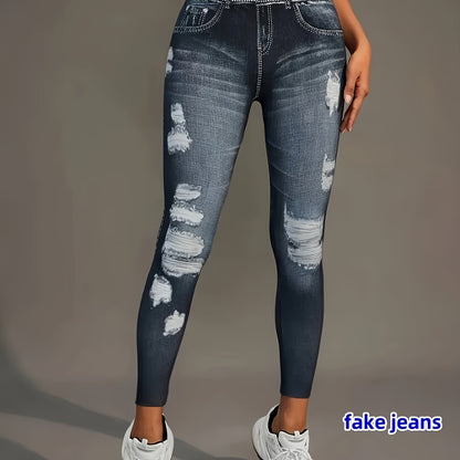 [Denim Print/Imitation Denim] Women's Imitation Denim Print Pants - Stretchy Polyester-Spandex Blend, Full-Body Distressed Design, Faux Pocket, Mid-Rise 9" Length, All-Season Casual & Leggings SS69 12.69 Mixed Color / XXL