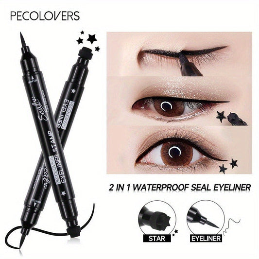 Black Liquid Eyeliner Pen | 1pc | 2-in-1 Double-Headed Moon Stamp Design | Quick Dry, Non-Smudge, Waterproof, Long-Lasting | Eye Makeup Cosmetic, Eye Makeup Essentials | Precision Eyeliner Application | Innovative Beauty Prod SS69