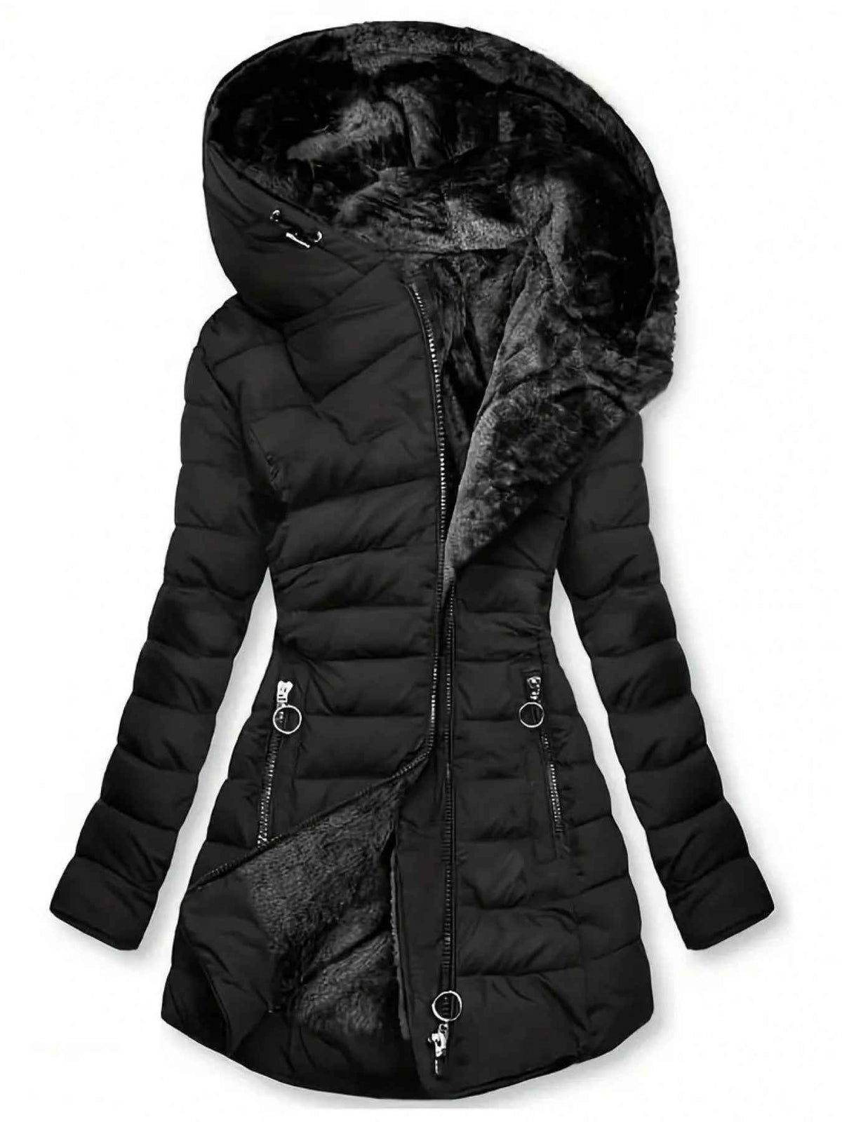 Women's Winter Warm Quilted Parka Coat, Padded Jacket with Hood, Full-Zip Front & Adjustable Waist Belt, Mid-Length Long Sleeve Outerwear for Cold Weather, Y2K Style, Beige/Tan, Hand Wash/Dry Clean
