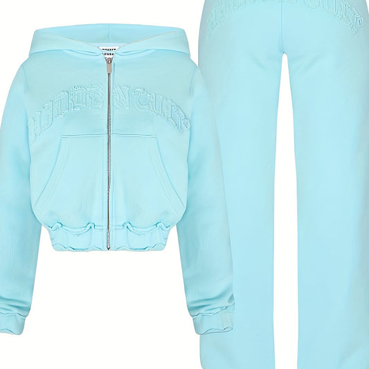 Chic Women's Athletic Set: Full-Zip Hoodie & Slim-Fit Pants - Comfortable, Adjustable, and Stylish with Letter Print Design - SS69