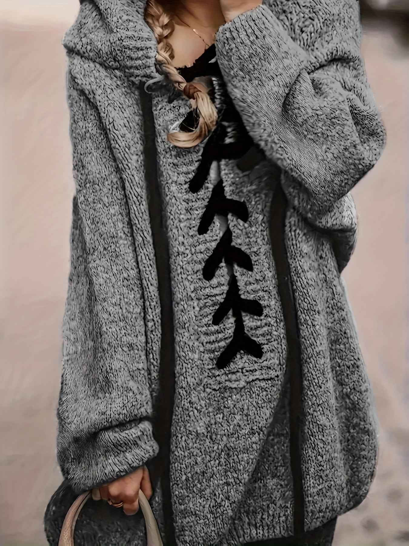 Plus Size, Plus-Size Women's Elegant Hooded Sweater - Long Sleeve Pullover with Adjustable Drawstring Hood, Soft Stretchy Fabric, Machine Washable, Solid Color Casual Winter Fall Tops, Sweater Hoodie, Autumn Apparel, Minimali