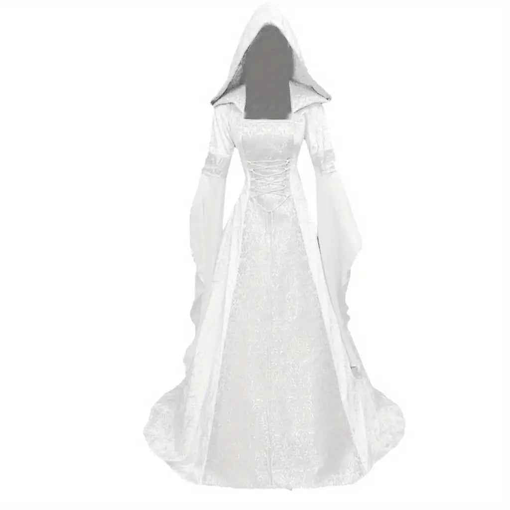 Women's Medieval Renaissance Wedding Dress & Costume - Off-Shoulder/Boat Neck Hooded Waist A-Line Dress with Slim-Fit Bodice & Flowing Train, Machine Washable Renaissance Faire Outfit for Renaissance-Themed Events, Weddings,