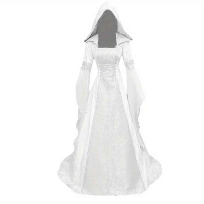 Women's Medieval Renaissance Wedding Dress & Costume - Off-Shoulder/Boat Neck Hooded Waist A-Line Dress with Slim-Fit Bodice & Flowing Train, Machine Washable Renaissance Faire Outfit for Renaissance-Themed Events, Weddings,