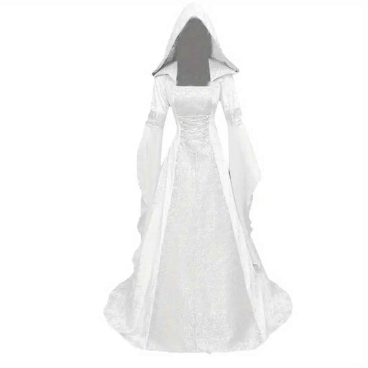 Women's Medieval Renaissance Wedding Dress & Costume - Off-Shoulder/Boat Neck Hooded Waist A-Line Dress with Slim-Fit Bodice & Flowing Train, Machine Washable Renaissance Faire Outfit for Renaissance-Themed Events, Weddings,