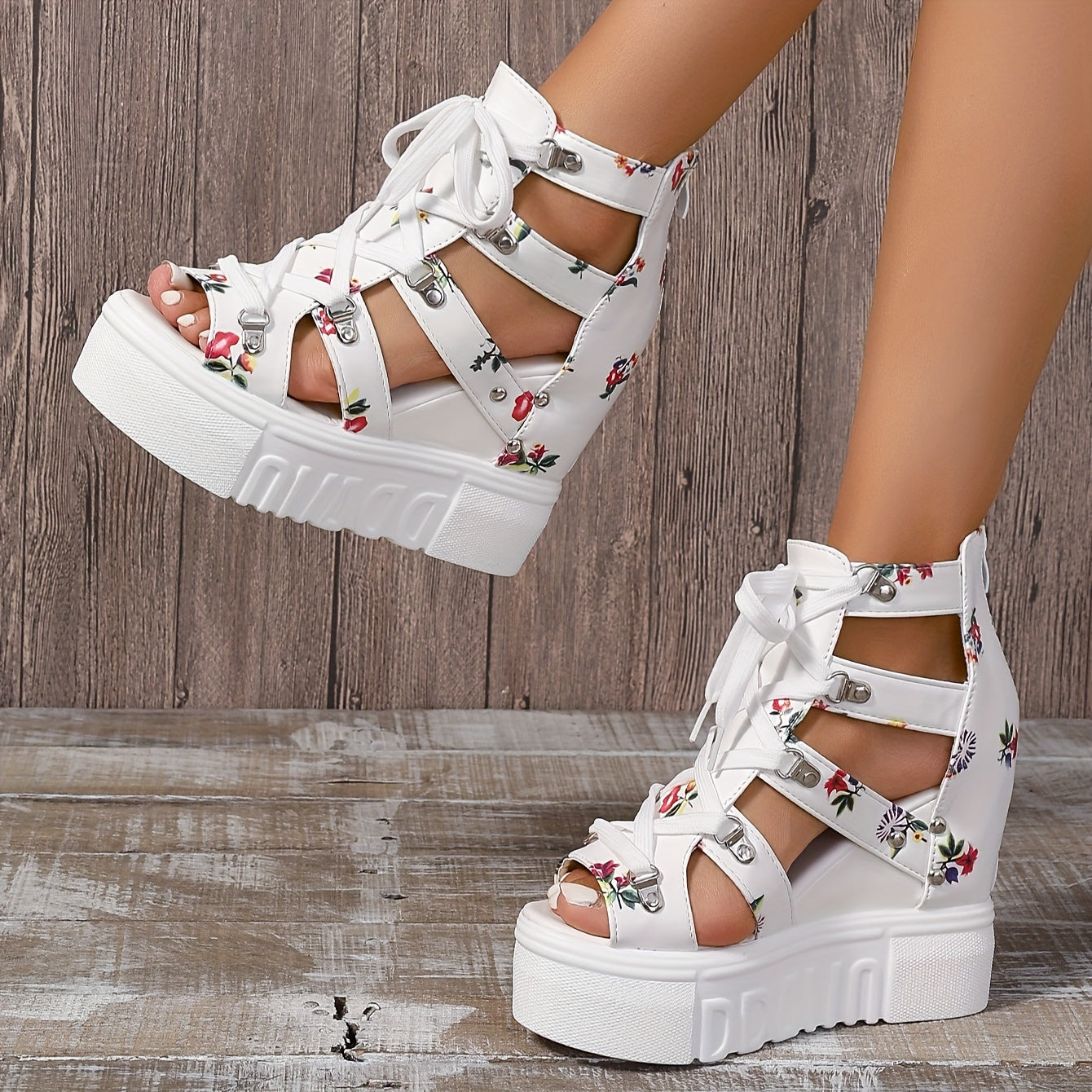 Women's Floral Vintage Sandals, Back Zipper Platform Hollow Lace Up Shoes, Summer Breathable Wedge Holiday Shoes - SS69
