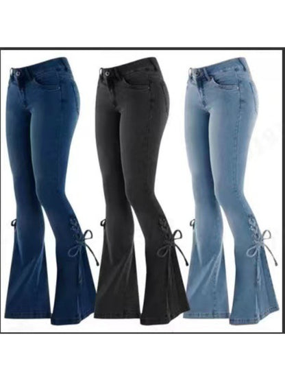 Women'S 100% High-Stretch Mid-Rise Slim Flared Jeans with Tie-Front Detail - SS69 