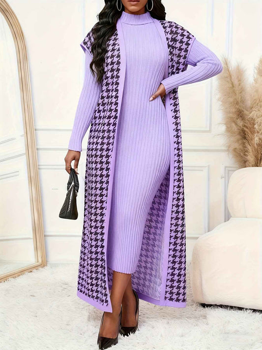 Women's Elegant Houndstooth Print Cardigan Vest - Oversized Collar Long Sleeveless Jacket, Black/White/Yellow/Beige, Fall Winter Warm Coat, Machine Washable Blazer for Casual & Formal Wear