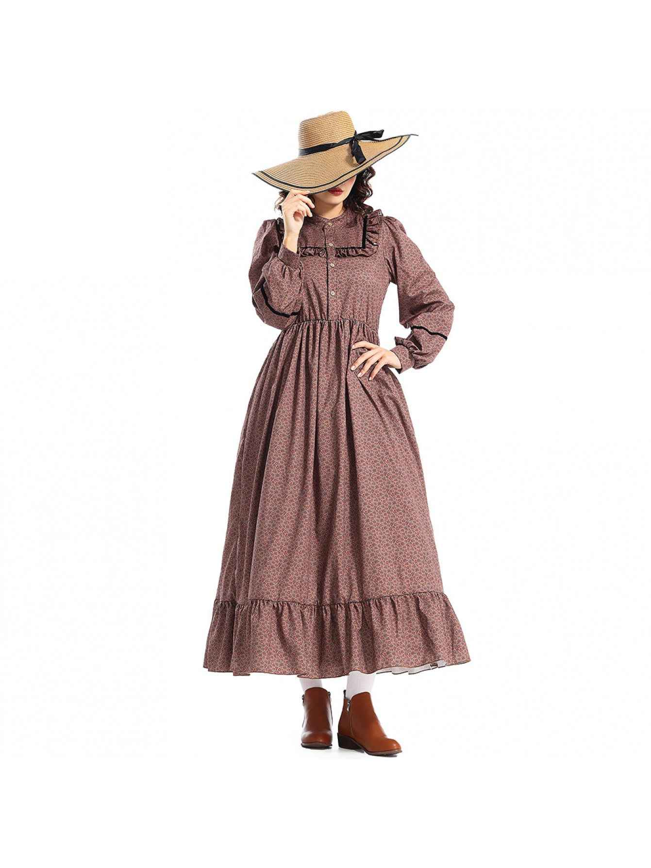 Women's Victorian-Inspired Victorian Maid Dress - Brown & A-Line Full-Length Skirt Set with Ruffled Collar & Waist Belt, Loose-Fit Long Sleeve Costume for Renaissance Fairs, Historical Role-Play & Themed Parties (No Lining)