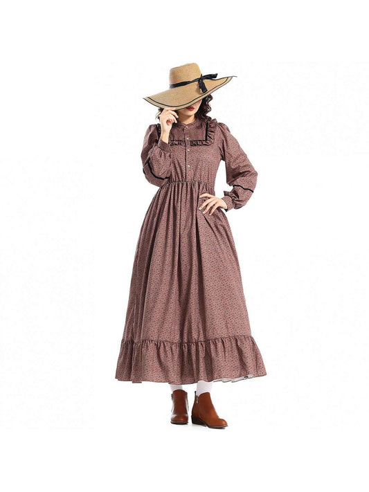 Women's Victorian-Inspired Victorian Maid Dress - Brown & A-Line Full-Length Skirt Set with Ruffled Collar & Waist Belt, Loose-Fit Long Sleeve Costume for Renaissance Fairs, Historical Role-Play & Themed Parties (No Lining)