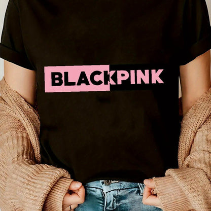 Blackpink Graphic Women's T-Shirt - Casual Short Sleeve Round Neck, Stretchy Polyester Blend, Embossed Floral & Letter Design, Perfect for Spring/Summer/Fall SS69 13.69 Black / XXL