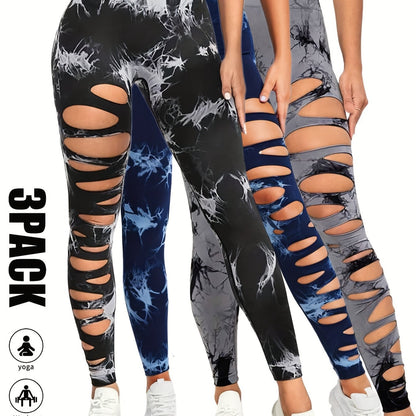 3 Pack High Waist Tie Dye Cutout Yoga Leggings - Scrunch Butt Lifting, Tummy Control, Elastic Workout Pants for Women SS69 42.69 3 Pack-GRY-BWH-BLU / S