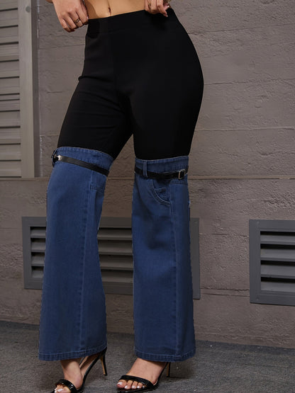 Trendy Two Tone High Elastic Waist Jeans - Women Patchwork Streetwear Style With Garter Belt Detail SS69