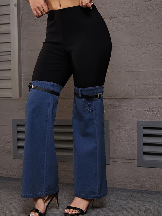 Trendy Two Tone High Elastic Waist Jeans - Women Patchwork Streetwear Style With Garter Belt Detail SS69