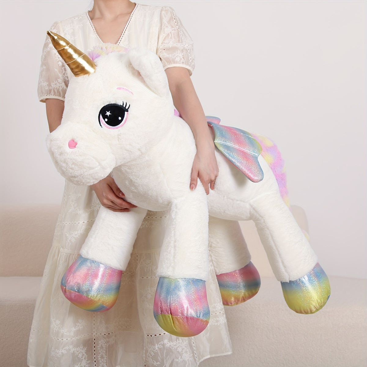 Giant Unicorn Plush Toy, White Soft & Cuddly Stuffed Animal with Rainbow Mane, Playful Design, Perfect Birthday Christmas or Halloween Gift for Youngsters Girlfriend or Boys, 44