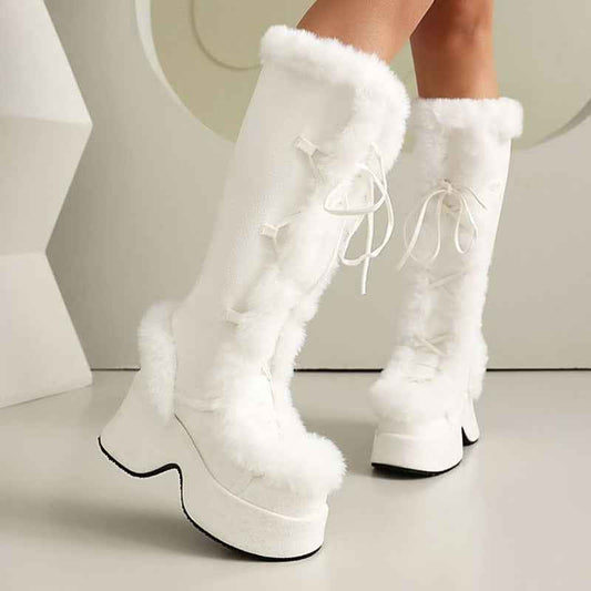 Women's Y2K Goth Boots/Faux Fur Knee-High Platform Winter/Chunky Heel & Lace-Up Closure/Warm Pink Furry Collar/Square Toe/Thick Rubber Sole & PU Cover/Cozy Snow Boots for Christmas, Parties & Casual Attire/Cold Weather Footwe