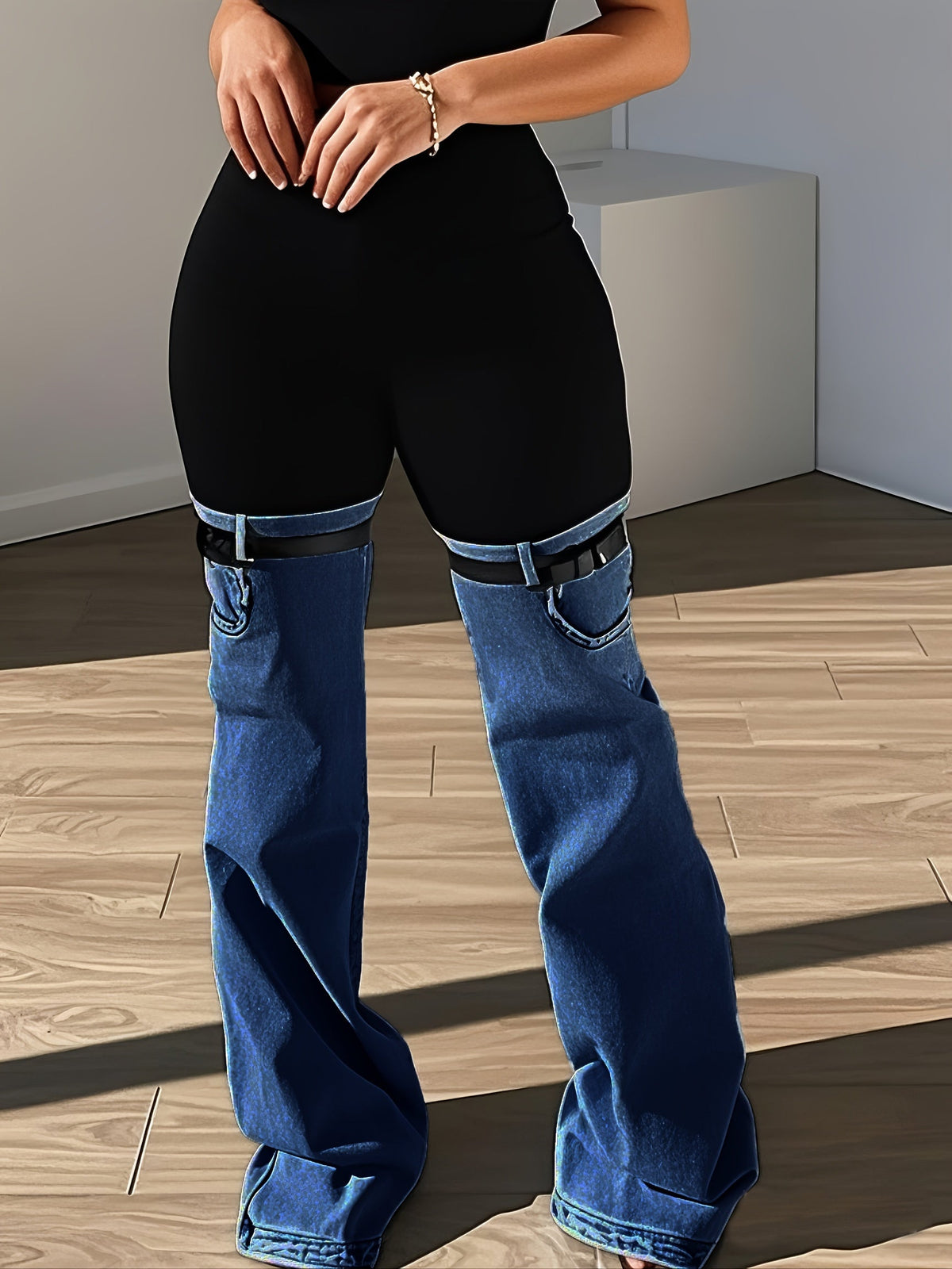 Trendy Two Tone High Elastic Waist Jeans - Women Patchwork Streetwear Style With Garter Belt Detail SS69