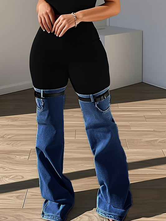 Trendy Two Tone High Elastic Waist Jeans - Women Patchwork Streetwear Style With Garter Belt Detail SS69