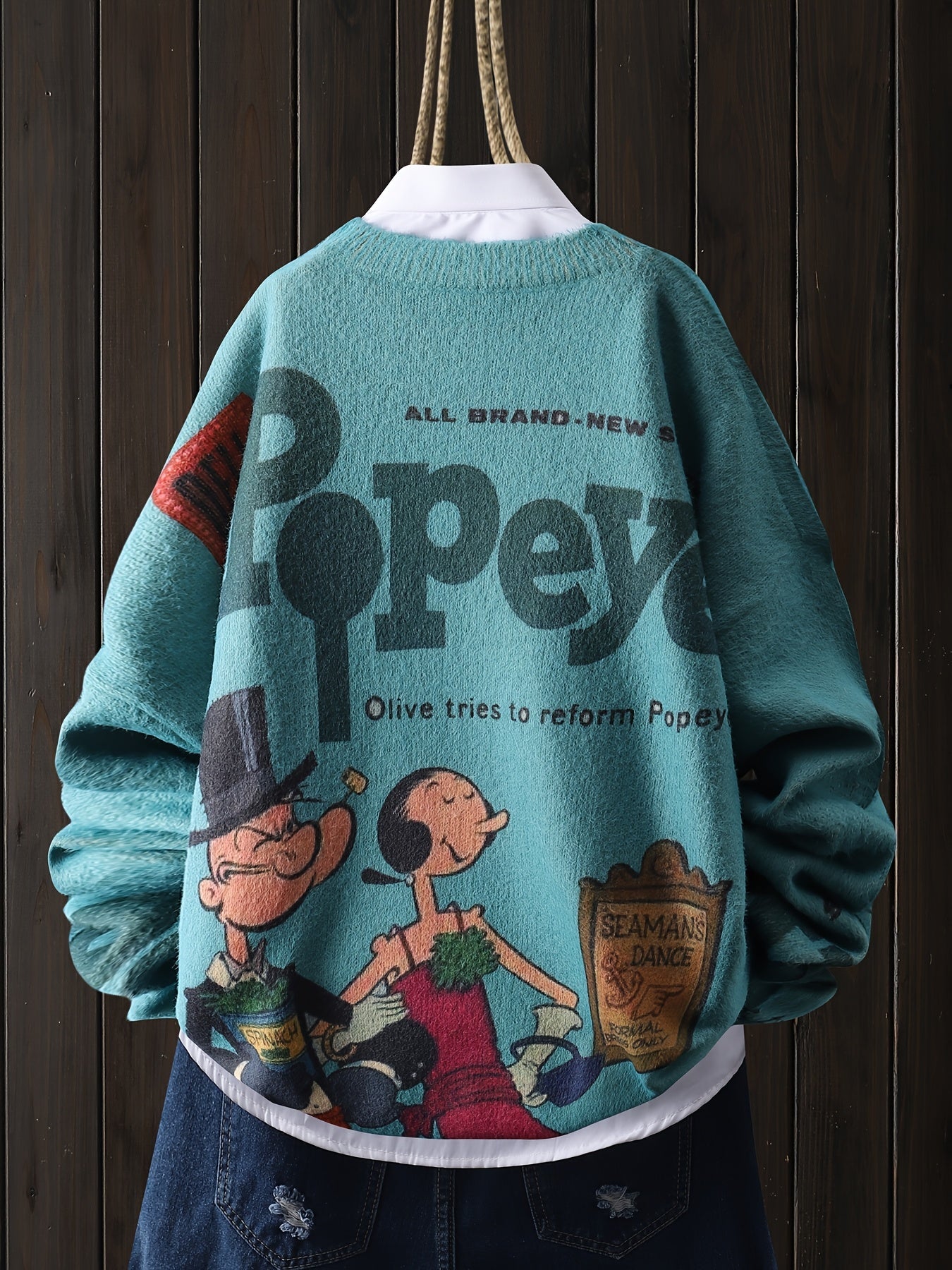 [Cartoon Sailor Graphic Sweater] Elegant Cartoon Sailor Graphic Mink Fleece Knit Sweater - Crew Neck Long Sleeve Pullover for Women, Machine Washable, Big Pattern, Casual SS69