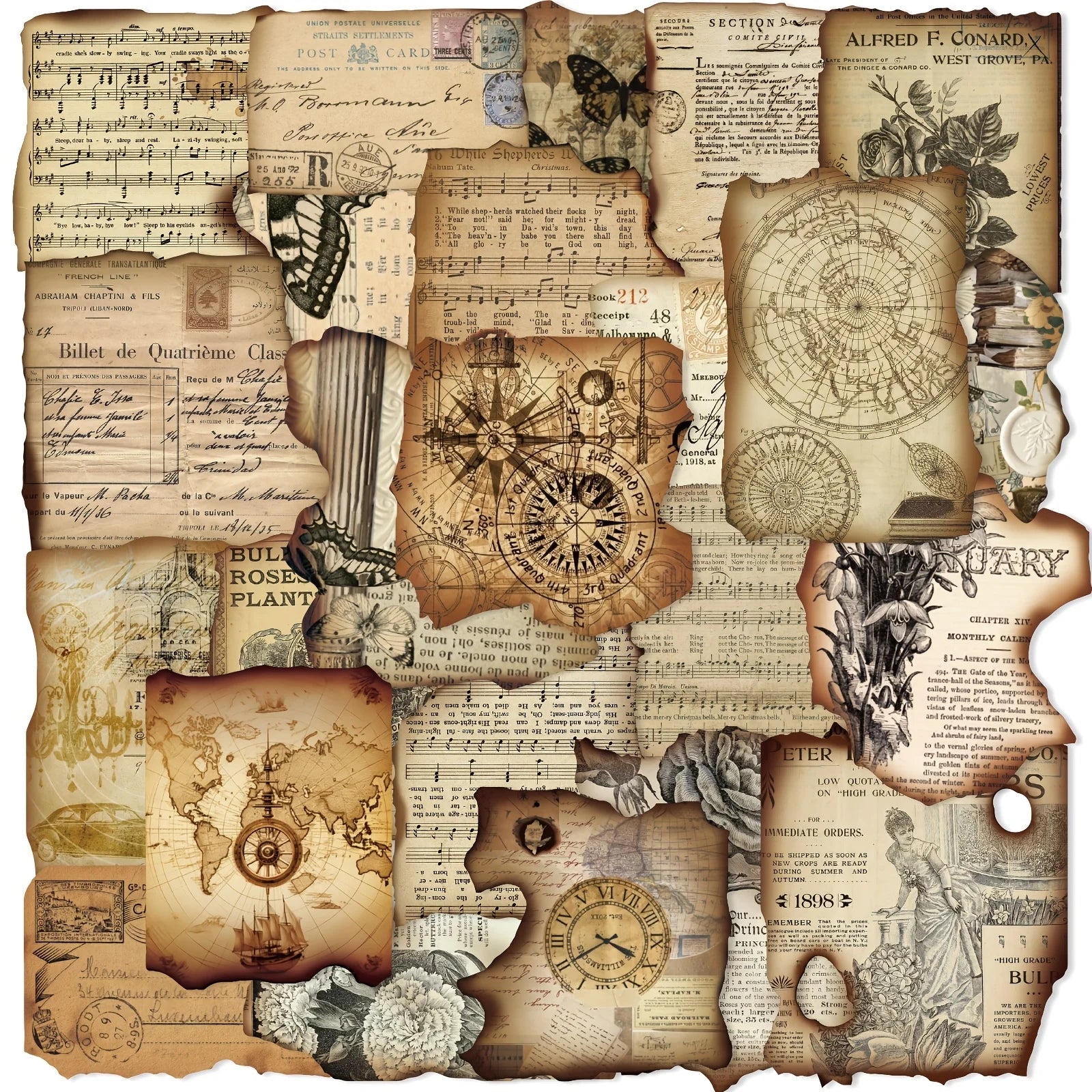 50 Pcs Vintage Burnt Stickers, Historical Creative Decorative Stickers for Scrapbook Junk Journal Collage DIY Crafts - SS69