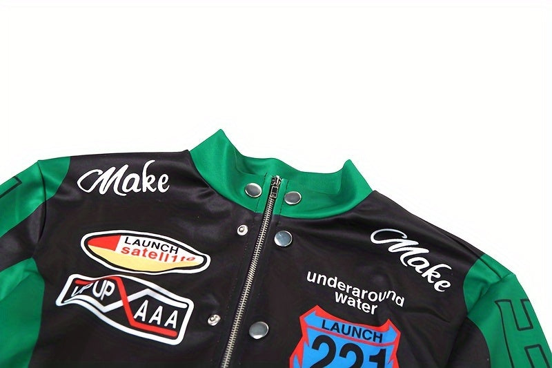 Women's Trendy Streetwear Letter Print Cropped Bomber Jacket - Red & White Casual Zip-Up with Graphic Design, Lightweight Polyester Blend for All Seasons, Fashion Forward Clothing | Trendy Casual Jacket | Polyester Blend Jack SS69