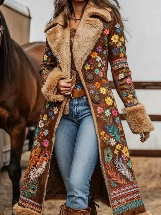 Women's Western Retro Style Winter Warm Coat - Western Print Jacket with Collar, Machine Washable Outerwear for Fall & Winter, Non-Stretch Blazer for Casual or Dressy Outfits