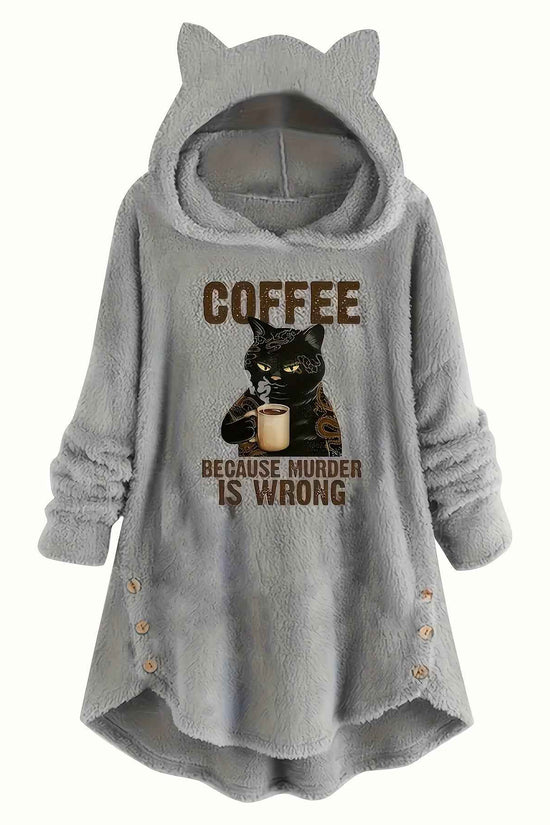 Plus Size - Women'S Plus Size Casual Teddy Hoodie with Cat Ears and Button Details | Long Sleeve, Asymmetrical Hem, Fall/Winter, Animal Print, Pullover Style