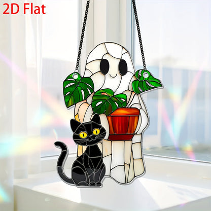 2D Flat, 2D Flat Cute Ghost Plant And Black Cat ACRYLIC Suncatcher, Ghost Monstra Window Hanging, Hangings Plant Lover Gift, Black Cat Lover, Mom Gift, Halloween Decor Acrylic Ornament Art Christmas Ornament, Car Interiors, 2 SS69