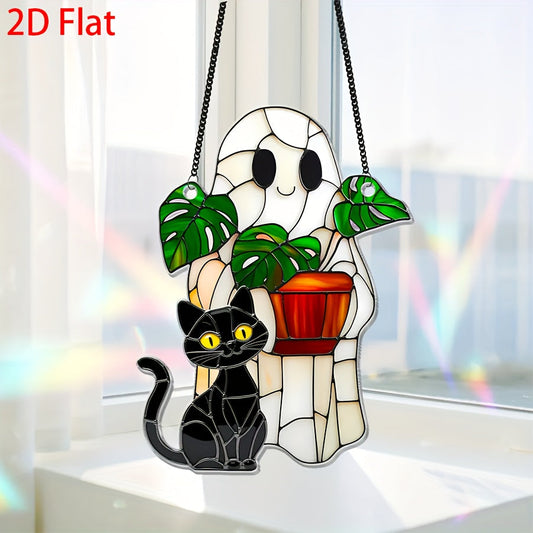 2D Flat, 2D Flat Cute Ghost Plant And Black Cat ACRYLIC Suncatcher, Ghost Monstra Window Hanging, Hangings Plant Lover Gift, Black Cat Lover, Mom Gift, Halloween Decor Acrylic Ornament Art Christmas Ornament, Car Interiors, 2 SS69