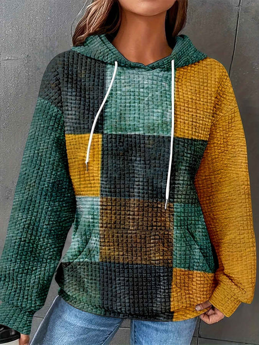 [Comfortable Casual Outfits] Plus Size Hoodie - Women's Color Block Pullover, Green/Yellow/Brown, Drawstring Hood & Front Pocket, Loose Fit Long Sleeve Sweatshirt for Fall/Winter