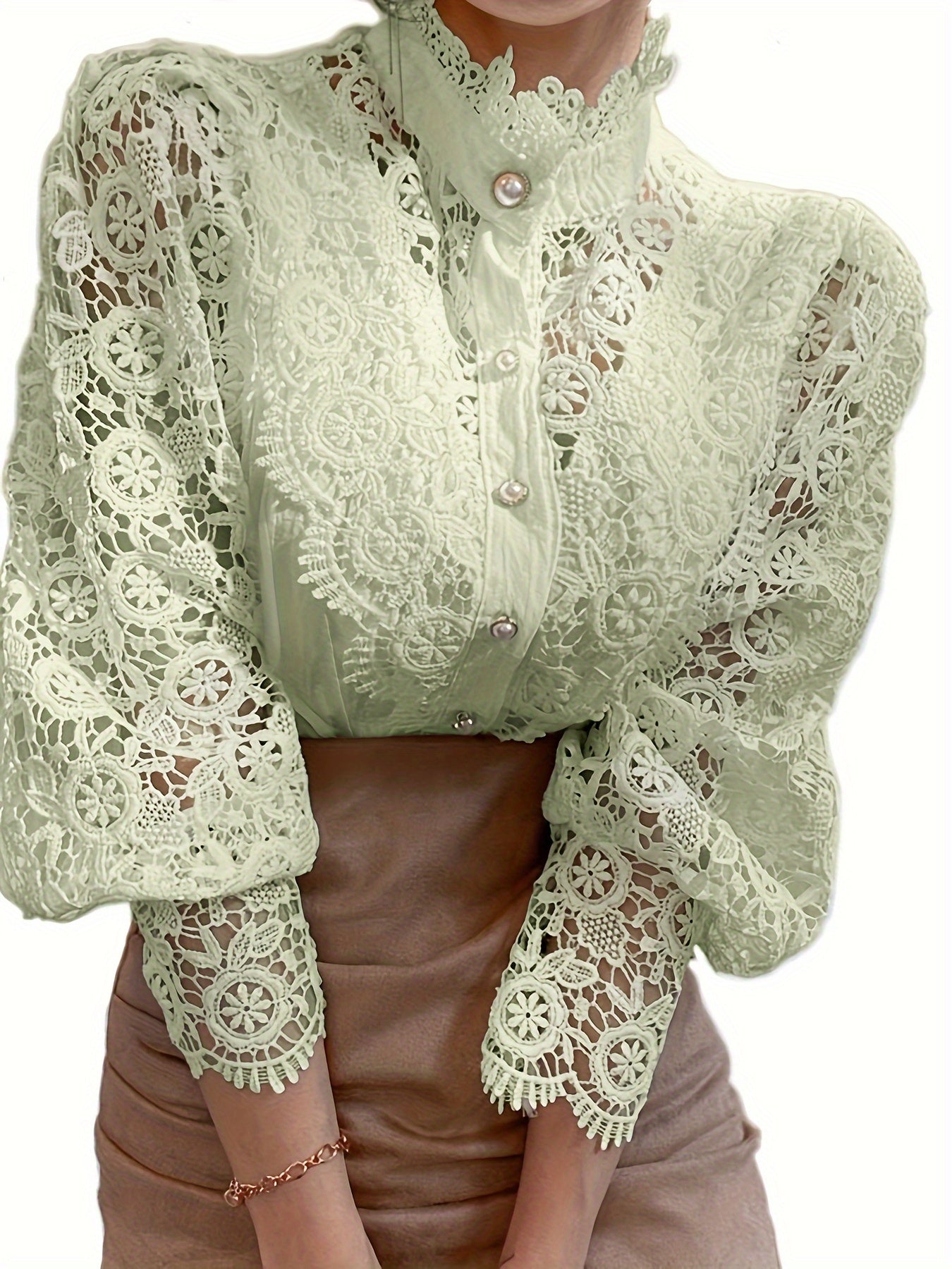 [Pearl Button Blouse] Pearl Button Elegant Victorian-Inspired Lace Blouse - Long Sleeve Mock Neck Green Polyester Pleated Design for Women, Perfect for Halloween Cosplay & Gothic Fashion SS69